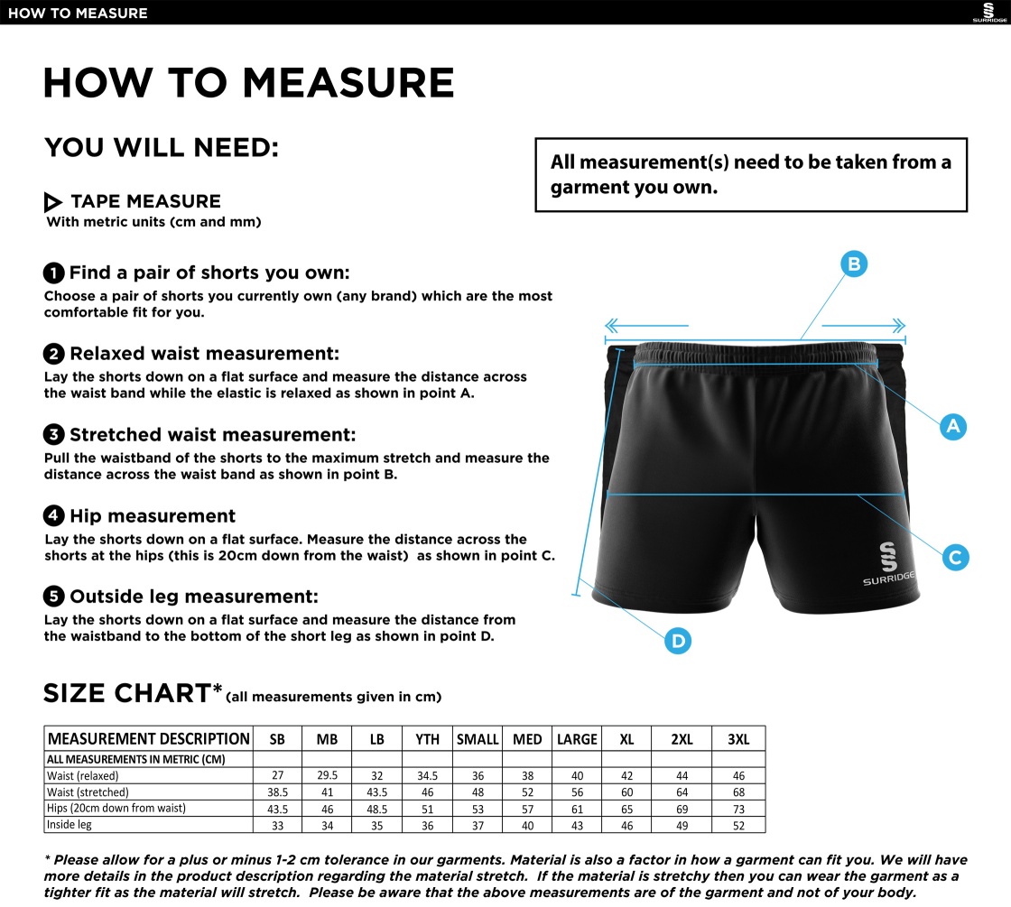 Elsecar CC - Performance Gym Short - Navy - Size Guide