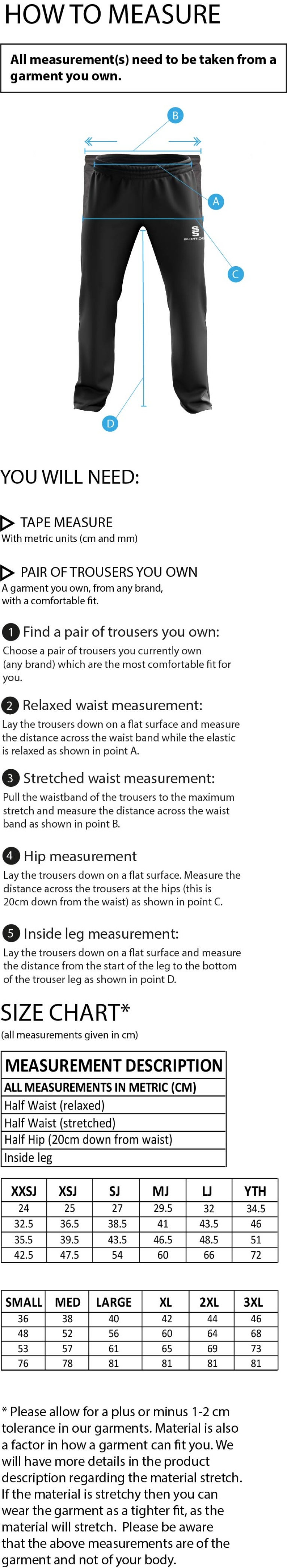 Elsecar CC - Dual Poplin Track Pant - Size Guide
