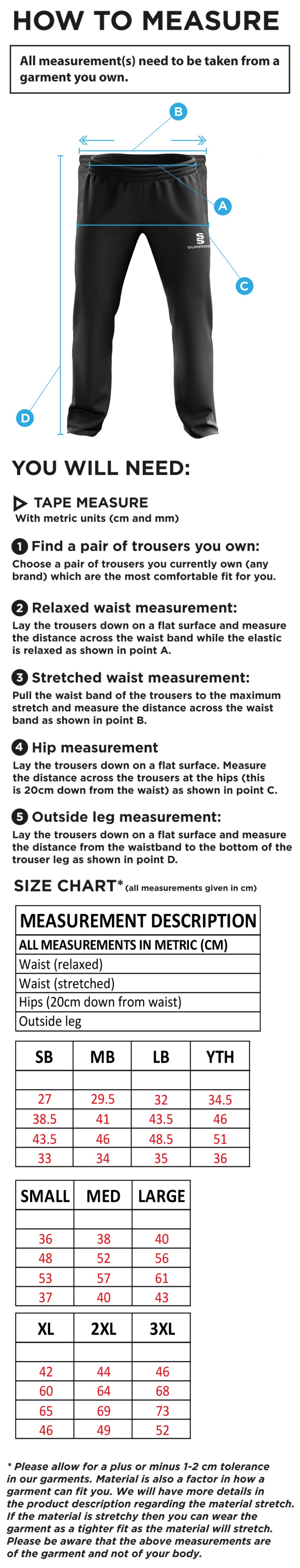 Elsecar CC - Rip Stop Track Pant - Navy - Unisex Fit - Size Guide