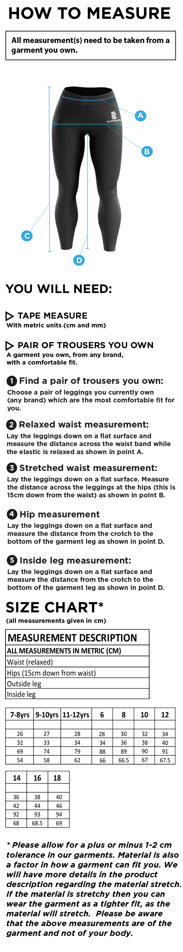 Elsecar CC - Performance Full Length Leggings - Navy - Size Guide