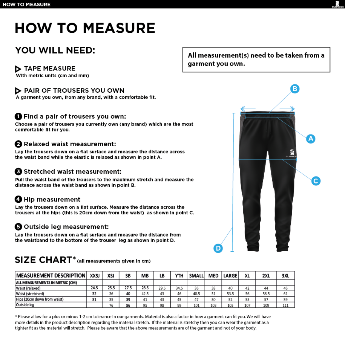 Elsecar CC - Tek Slim Training Pants - Unisex Fit - Size Guide