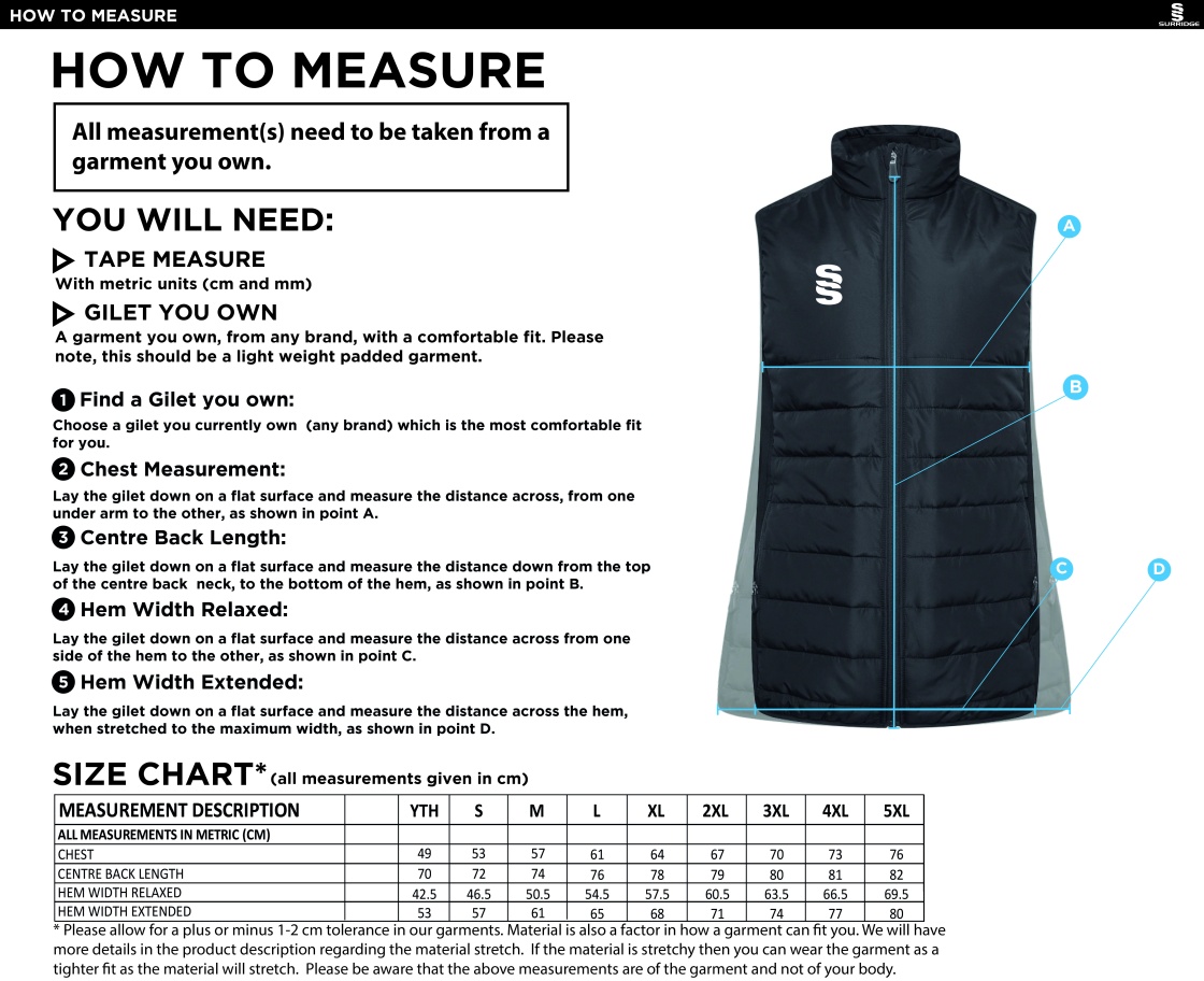 Elsecar CC - Active Gilet - Navy - Size Guide