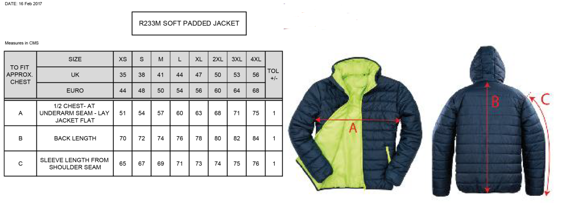 Elsecar CC - Supersoft Padded Jacket - Navy - Unisex Fit - Size Guide