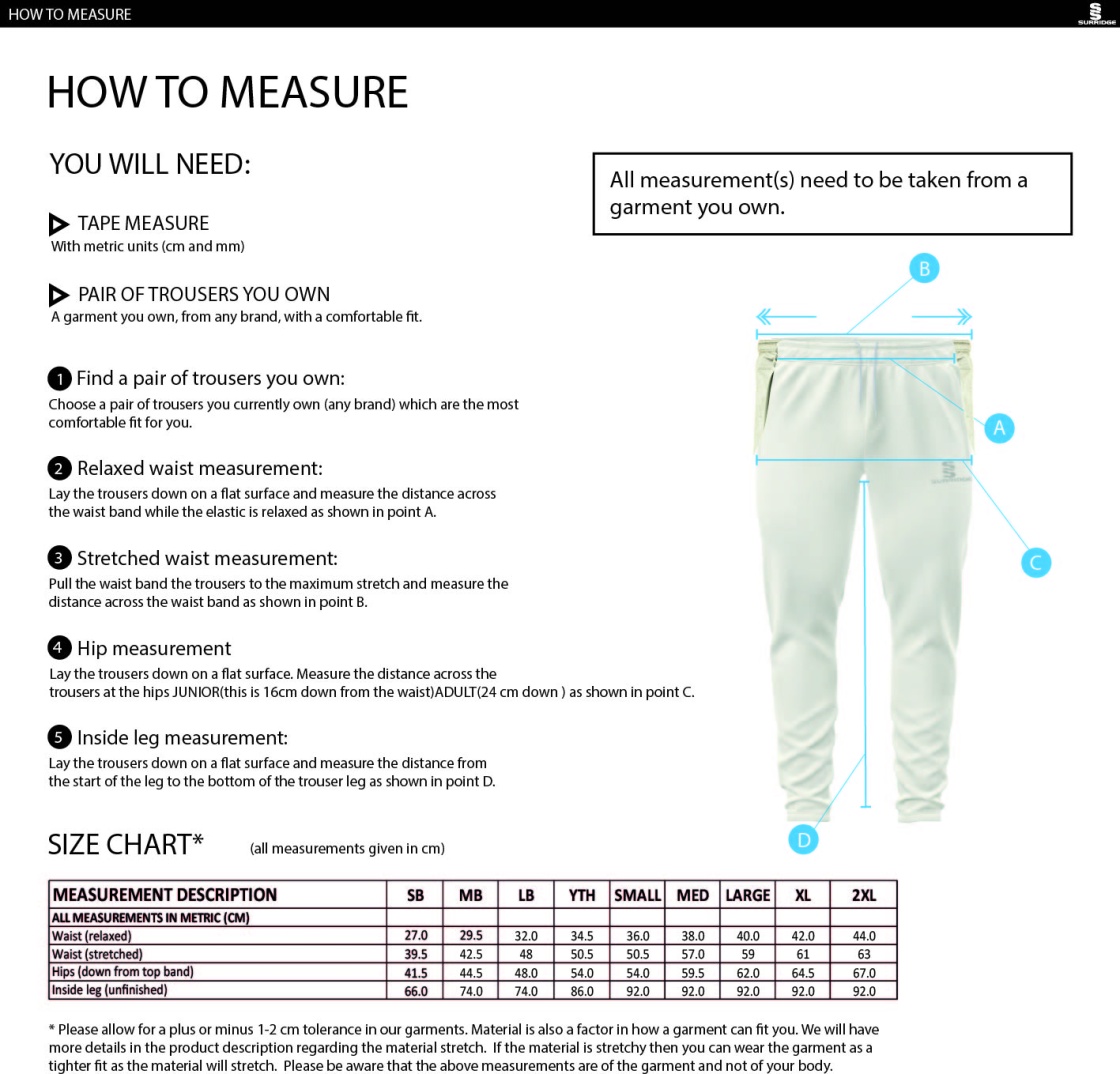 Elsecar CC - Junior Playing Pants - Size Guide