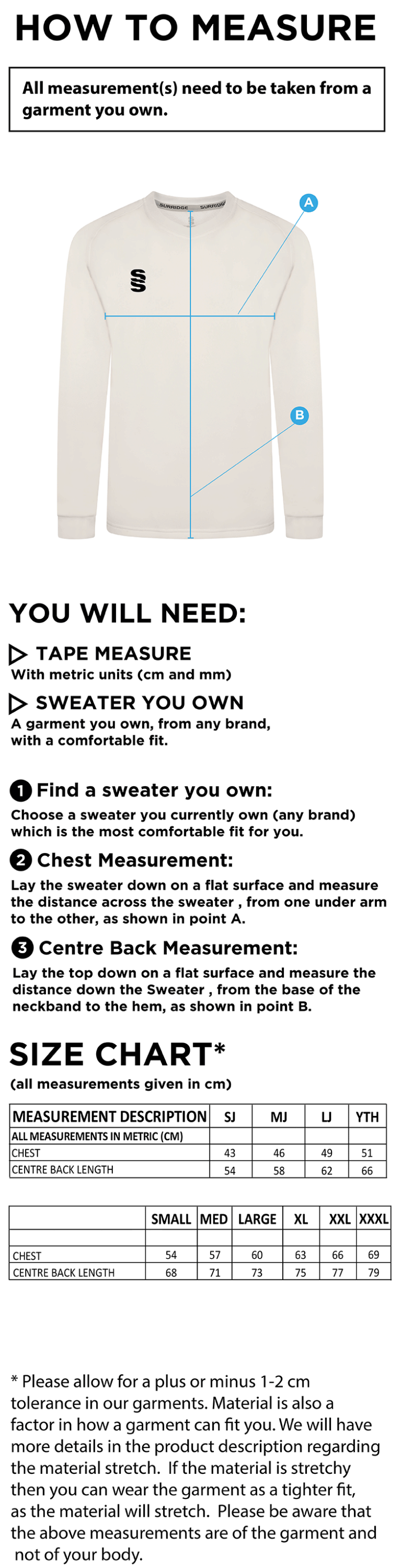 Elsecar CC - Blast Long Sleeve Sweater - Ivory - Size Guide