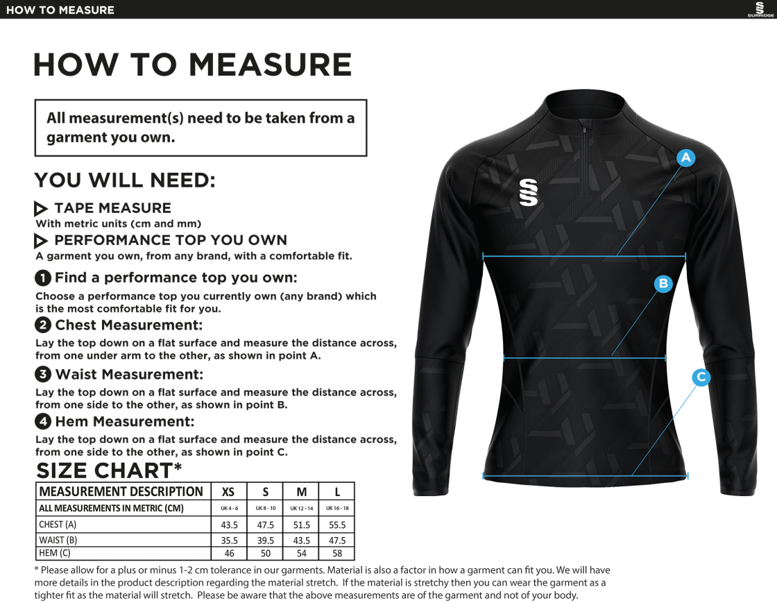 Elsecar CC - Impact 1/4 Zip Performance Top - Royal - Women's Fit - Size Guide