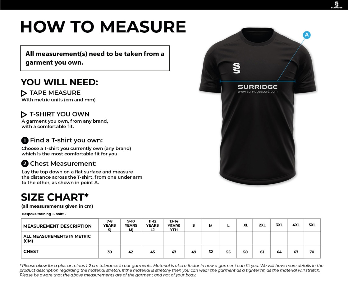 Elsecar CC - Impact T-Shirt - Navy - Size Guide