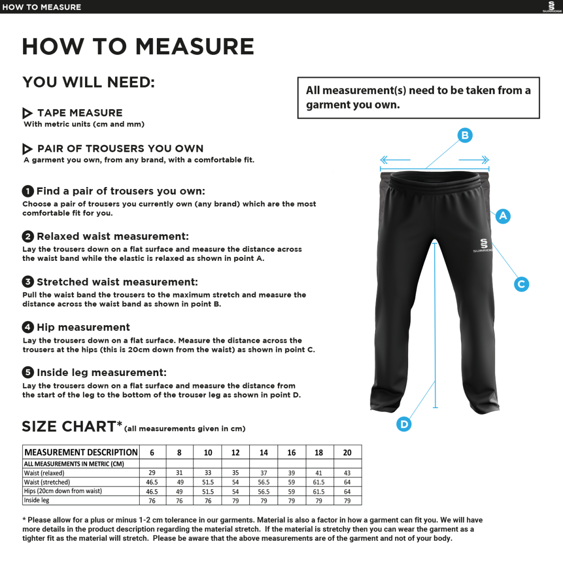 Elsecar CC - Dual Poplin Track Pant - Women's Fit - Size Guide