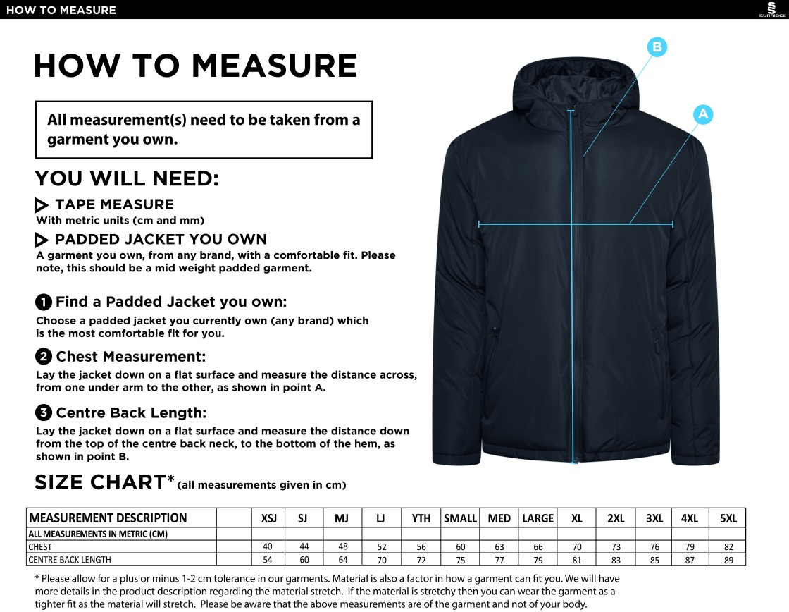Elsecar CC - Active Padded Jacket - Navy - Size Guide