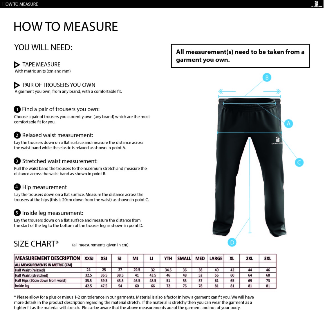 Elsecar CC - Dual Poplin Track Pant - Size Guide