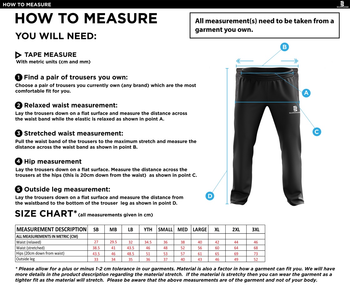 Elsecar CC - Rip Stop Track Pant - Navy - Unisex Fit - Size Guide