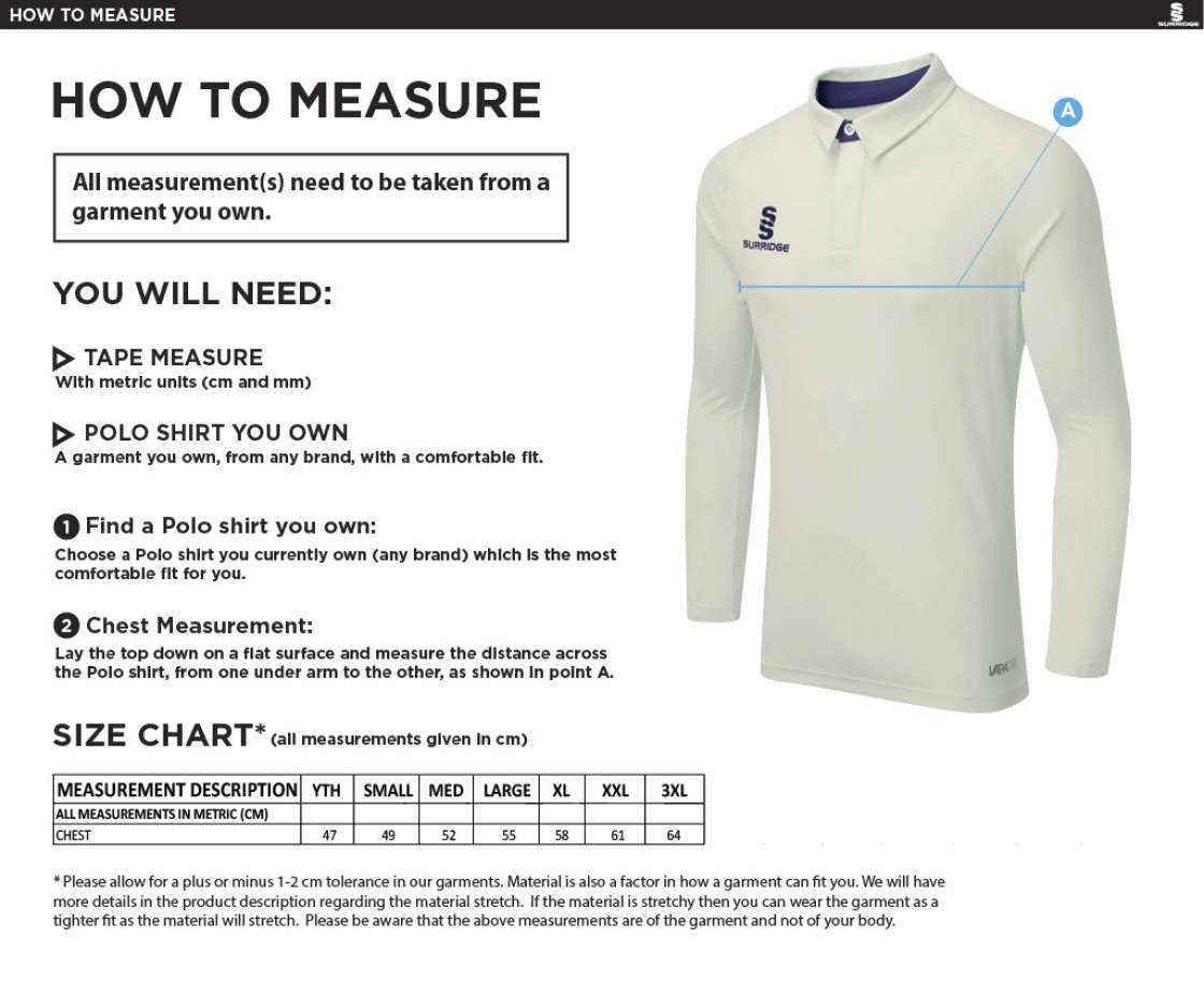 Elsecar CC - Dual Cricket Shirt Long Sleeve - Size Guide