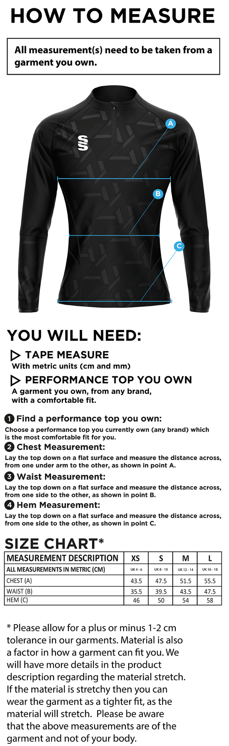 Elsecar CC - Impact 1/4 Zip Performance Top - Royal - Women's Fit - Size Guide