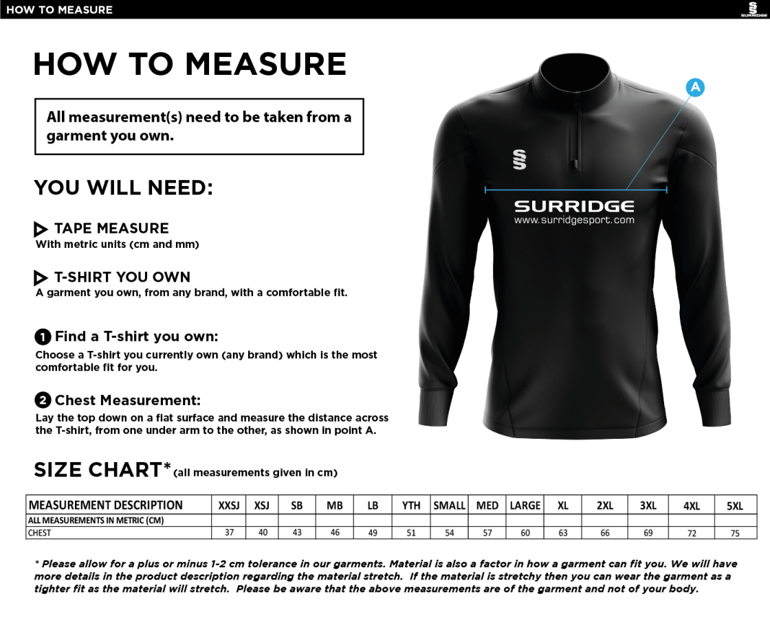 Elsecar CC - 1/4 Zip Dual Performance Top - Royal - Size Guide