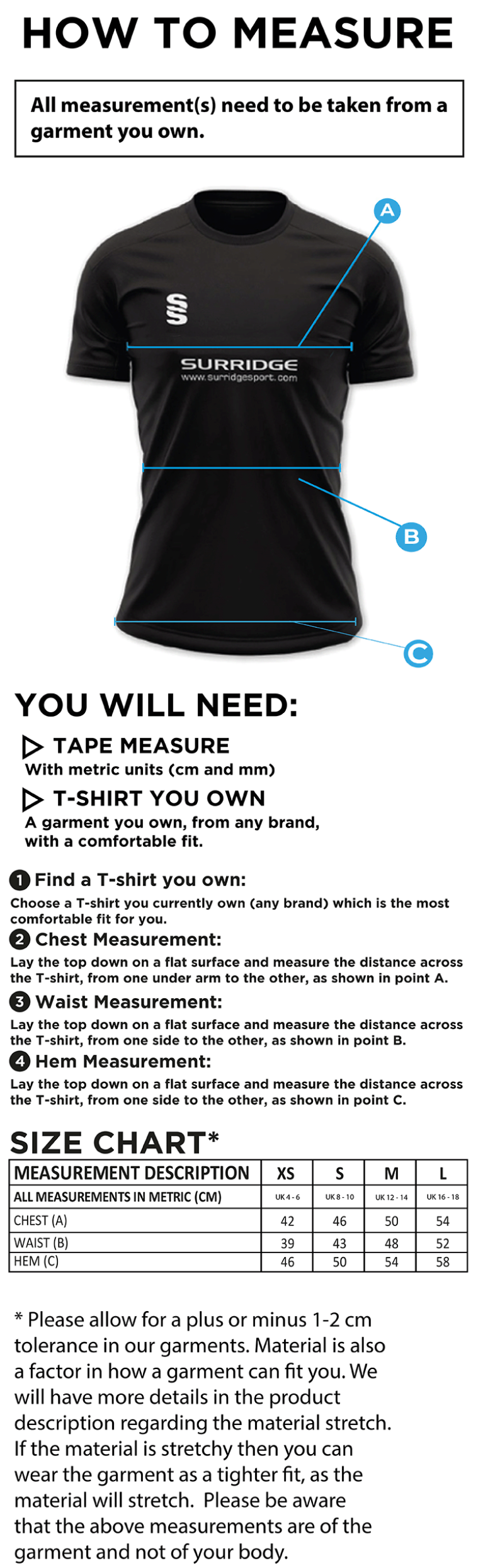 Elsecar CC - Impact T-Shirt - Royal - Women's Fit - Size Guide