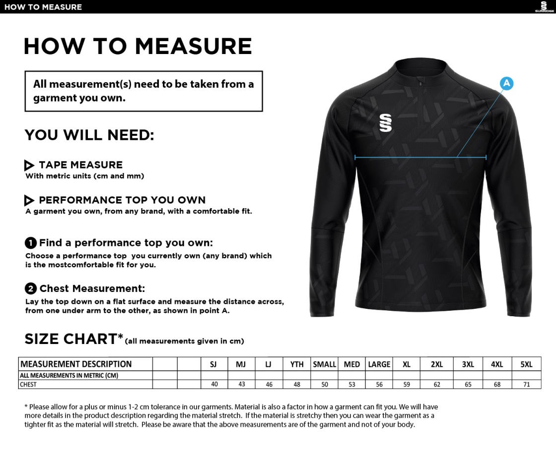 Elsecar CC - Impact 1/4 Zip Performance Top - Royal - Size Guide