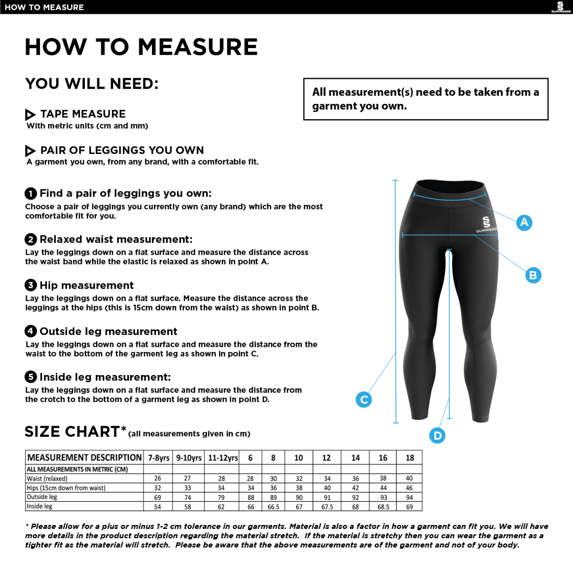 Elsecar CC - Performance Full Length Leggings - Navy - Size Guide