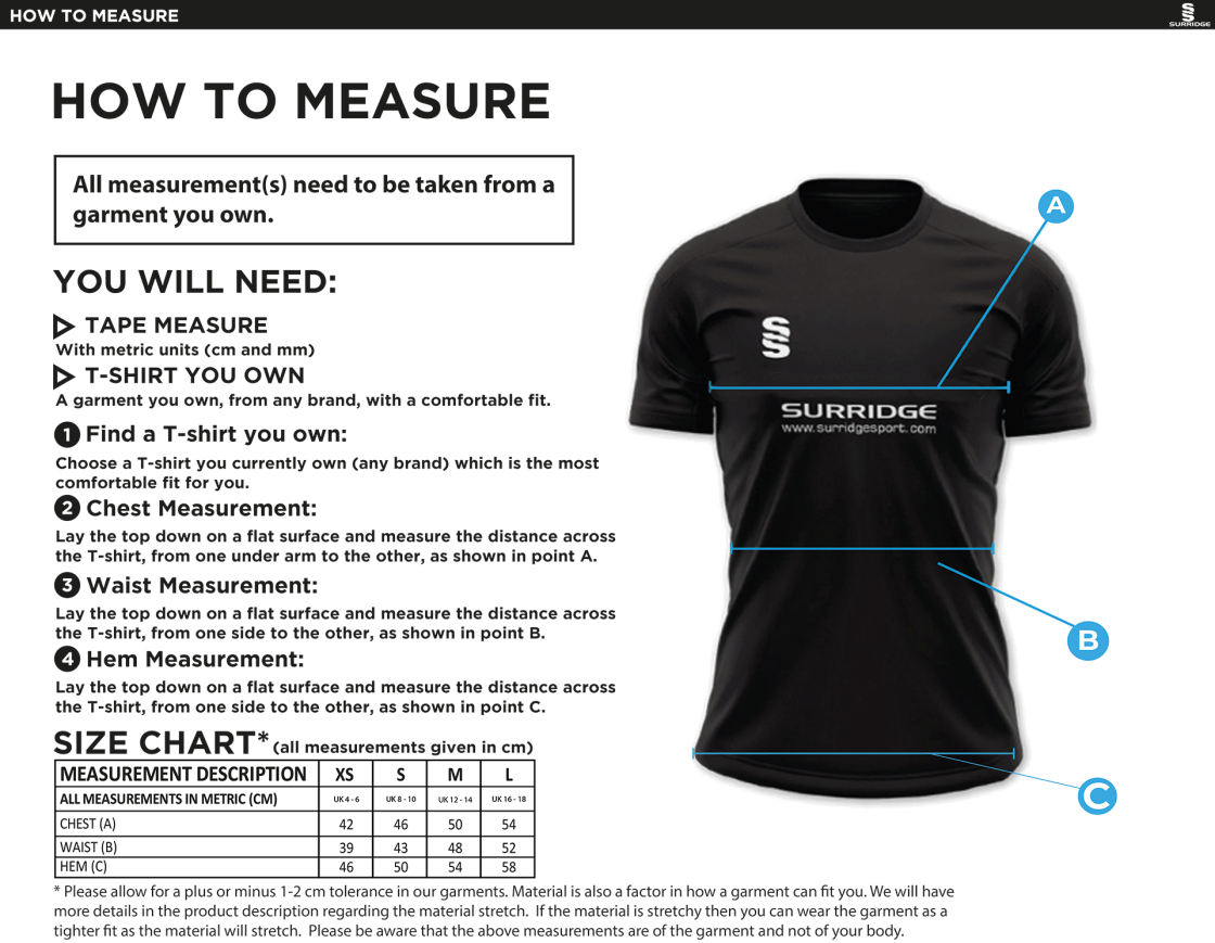 Elsecar CC - Women's Playing Shirt - Size Guide