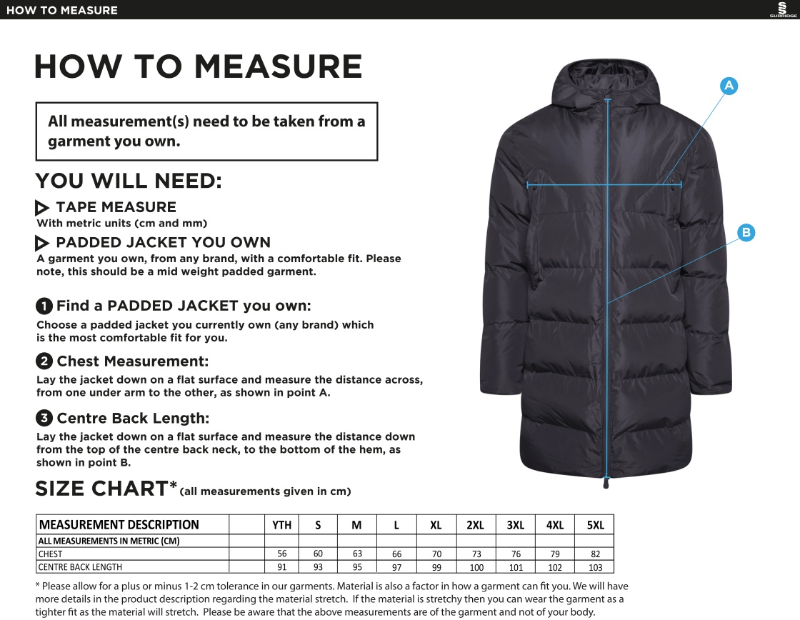 Elsecar CC - Active Long Padded Jacket - Navy - Size Guide