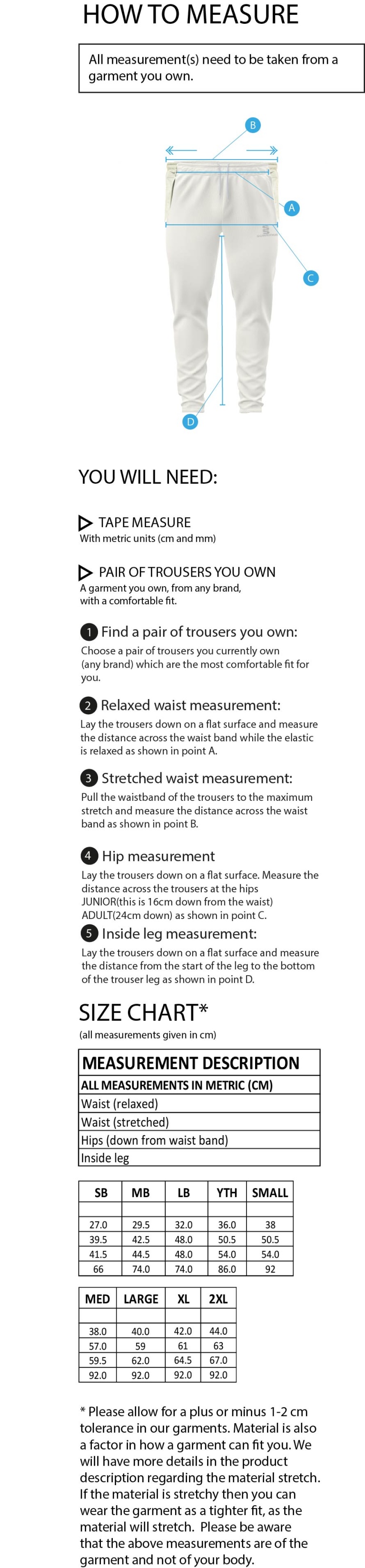 Elsecar CC - Ergo Playing Pant - Size Guide