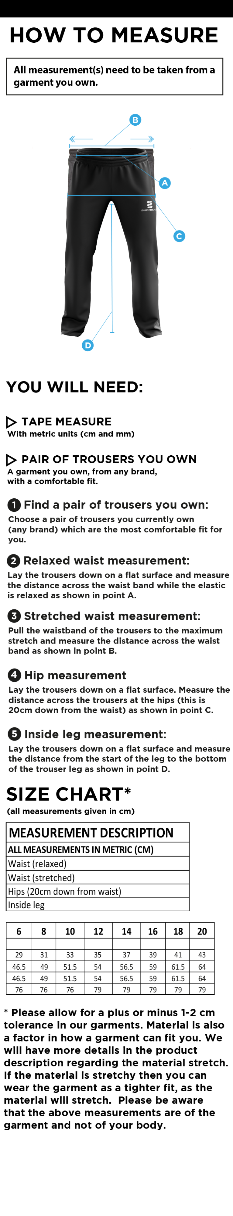 Elsecar CC - Dual Poplin Track Pant - Women's Fit - Size Guide