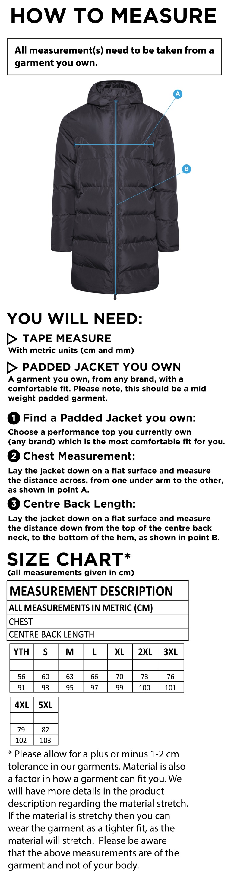 Elsecar CC - Active Long Padded Jacket - Navy - Size Guide